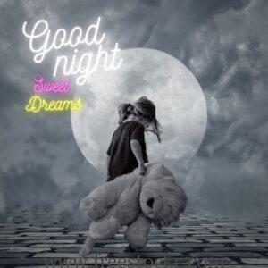 good night meme with baby going with teddy bear,dark sky,big moon,images,hd wallpaper