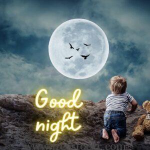 good night meme with small child,teddy bear,big moon ,birds, child looking at moon images