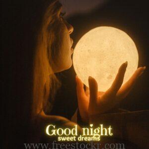 good night meme with beautiful cut women in hands moon of light,good night images