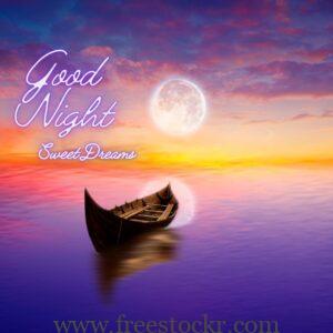 good night meme with boat, moon, sea, beautiful sky, scenery, wallpaper